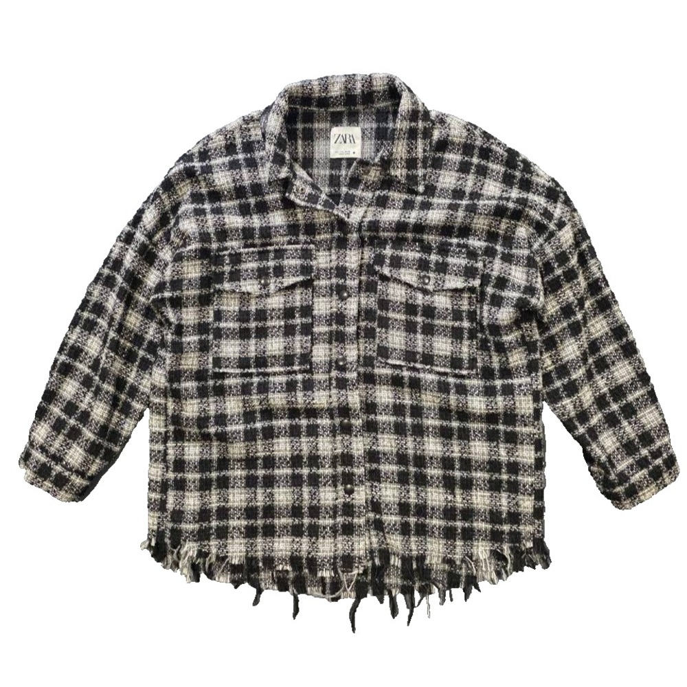 ZARA Black/White Plaid Textured Tweed Jacket 3/4 Sleeve Raw Hem L A011399